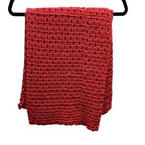 Handmade Red Open Weave Blanket, Throw 34" X 60"